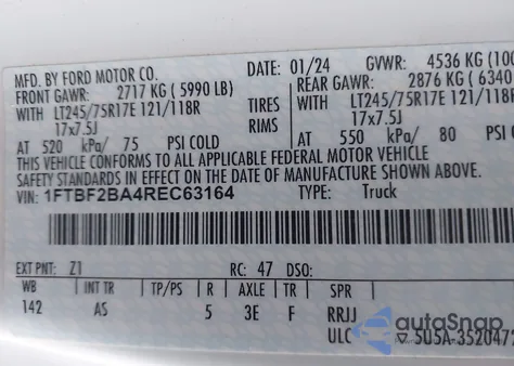 2024 Ford F-250 Xl from USA, damaged, VIN 1FTBF2BA4REC63164